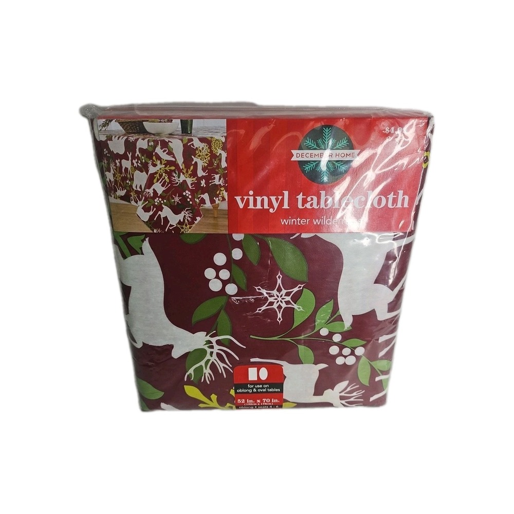 December Home‎ Vinyl Table Cloth Burgandy Reindeer Size Oblong 52 In X 70 In New